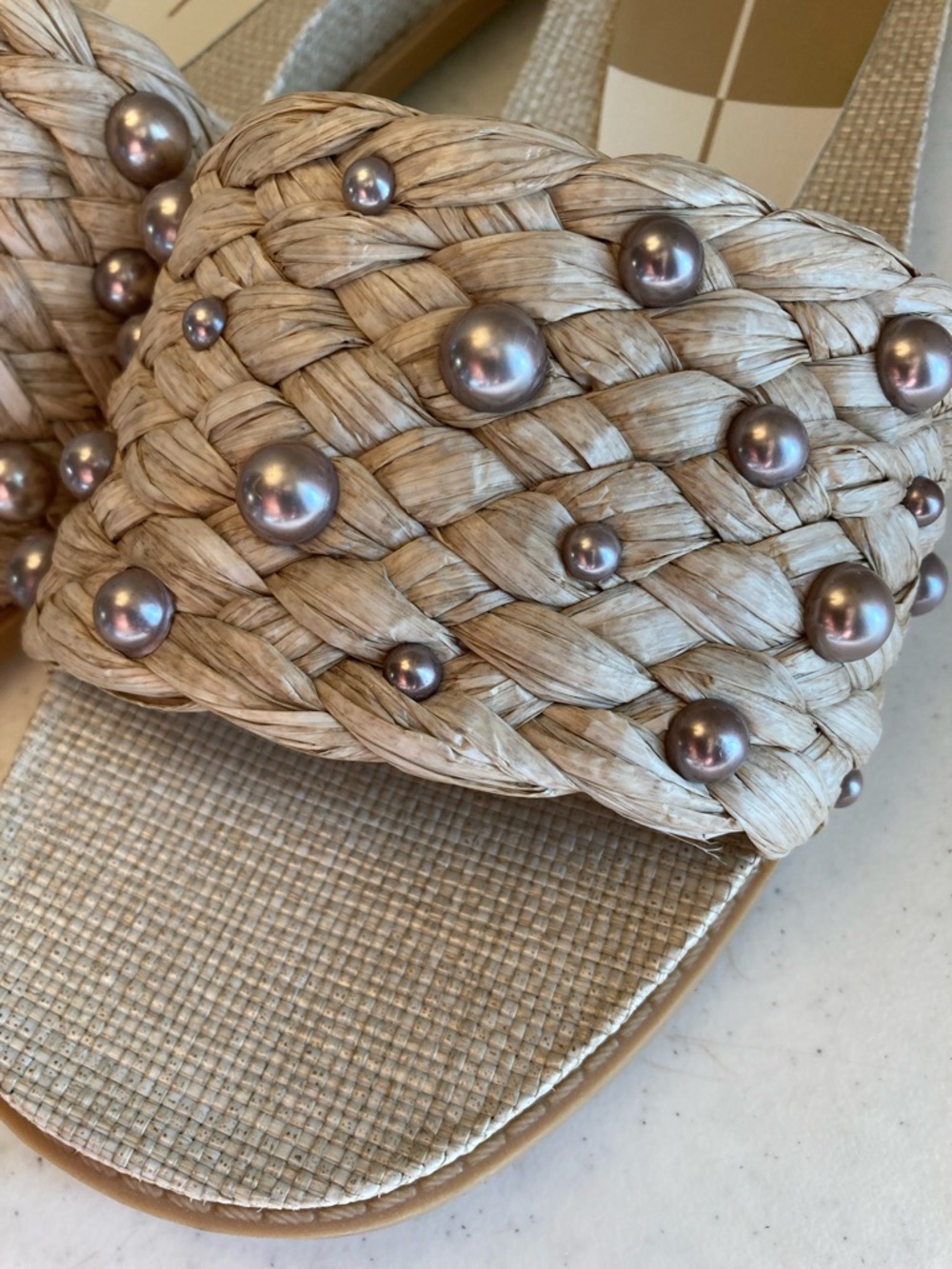 NWOT Dolce Vita Taupe Braided Slide Sandals with Iridescent Pearls - Picture 3 of 6